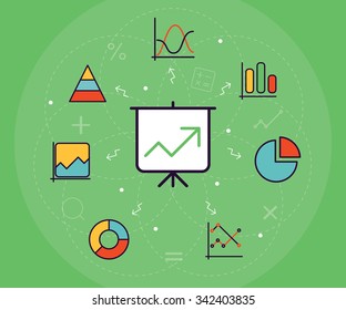 Statistics and data analysis presentation with chart and graph icons