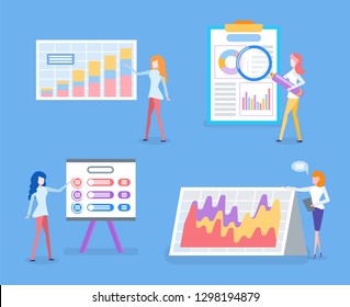 Statistics data, business graphics and diagrams, analysis vector. Charts and schemes, businesswomen or female entrepreneurs, financial growth presentation