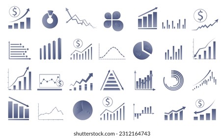 Statistics and data, charts, money, down or up arrow, economic downturn. Blue color gradient. ESP 10.