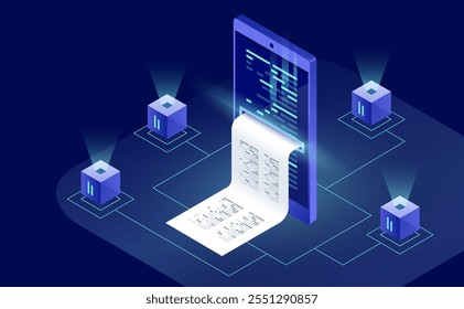 Statistics data, financial transactions, mobile banking, smartphone with a paper bill, isometric vector style