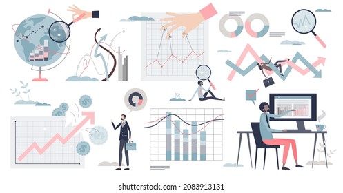 Statistics and data interpretation with graphics tiny person collection set. Elements with information visualization and financial forecasting charts bundle. Company stock finances vector illustration