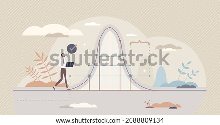 Statistics data measurement with results curved line tiny person concept. Scientific or mathematical information outcome collecting, interpreting and presenting from empirical data vector illustration