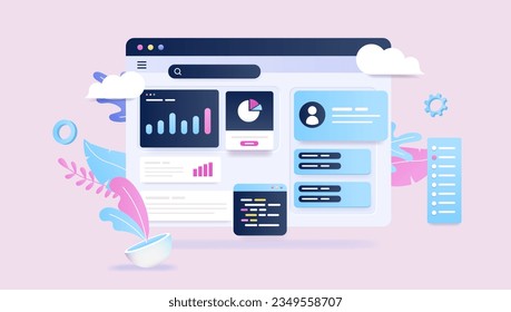 Statistics and data website - Abstract vector illustration of browser window with financial graphs, charts and diagrams. Decorative semi flat design