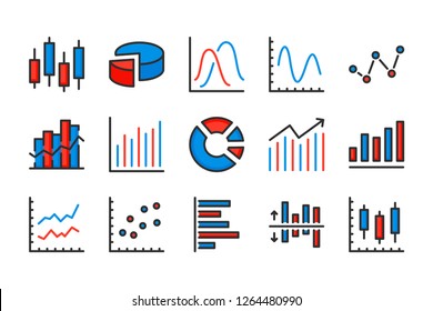 Statistics and diagram color line icons. Data chart and graph vector linear colorful icon set. Isolated icon collection on white background.