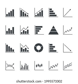 Statistics and diagram information elements. Graphics and charts related black icons set. Big data concept. Business analysis symbol. Vector illustration isolated on white