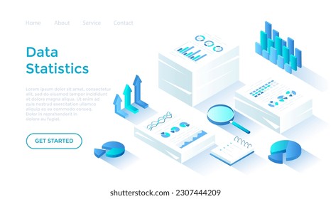 Statistics, document analysis, data collection. Research and information processing. Stacks of documents with graphs, charts. Isometric illustration. Landing page template for web on white background.