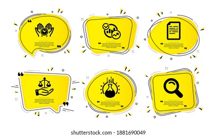 Statistics, Document and Safe time icons simple set. Yellow speech bubbles with dotwork effect. Chemistry experiment, Justice scales and Search signs. Report charts, Page file, Management. Vector