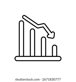 O ícone de estatística abaixo simboliza a perda financeira em um gráfico de barras com seta caindo. Adequado para relatórios de negócios, blogs financeiros, apresentações.