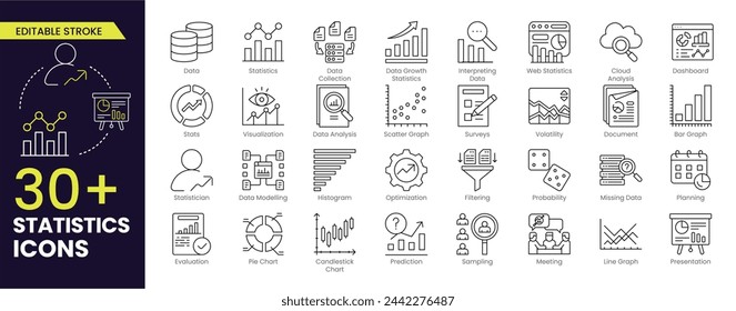 Statistics Editable Stroke icon set. Containing data, web statistics, survey, prediction, presentation, cloud analysis and pie chart icons. Editable Outline icon collection.