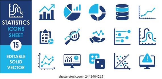 Conjunto de iconos planos de estadísticas. Gráfico, gráfico, análisis, encuesta, probabilidad, etc. Conjunto de iconos planos relacionados con estadísticas.