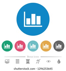 Statistics flat white icons on round color backgrounds. 6 bonus icons included.
