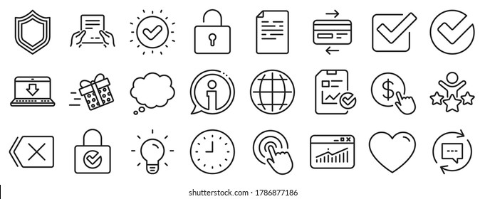 Statistics, Gift box and Light bulb icons. Report document, Time line icons. Credit card, Download document and Lock. Gift delivery, Check report and Protection Shield. Clock time, light bulb. Vector