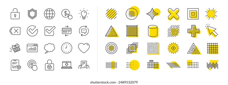 Statistics, Gift box and Light bulb icons. Design shape elements. Report document, Time line icons. Credit card, Download document and Lock. Gift delivery, Check report and Protection Shield. Vector