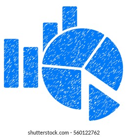 Statistics grainy textured icon for overlay watermark stamps. Flat symbol with dirty texture. Dotted vector blue ink rubber seal stamp with grunge design on a white background.