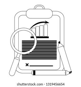 statistics graph clipboard and marker with pencil black and white