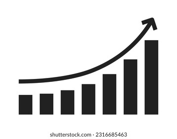 Gráfico estadístico moviendo hacia arriba el crecimiento del elemento vector plano monocromo. Aumento del gráfico de barras. Logro de beneficios. Icono blanco negro de imágenes prediseñadas editables. Ilustración de manchas delgadas simples para diseño gráfico web