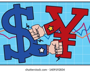 Statistics grid with dollar and yuan symbol fighting each other with boxing gloves due economic conflict or Trade War between U.S.A. and China.