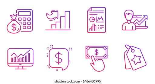 Statistics, Growth chart and Finance calculator line icons set. Payment click, Report document and Payment message signs. Success business, Loyalty tags symbols. Gradient statistics icon. Vector