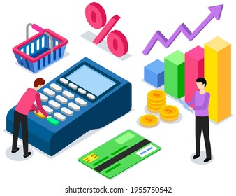 Statistics, growth of profits from sales of goods online. Pos terminal with man entering pin code