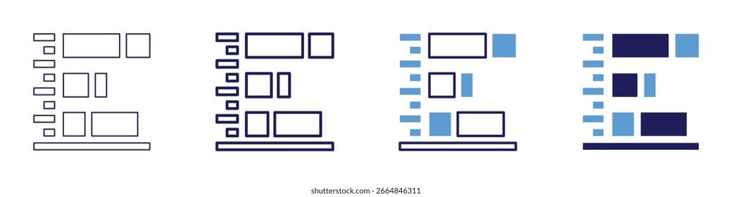 Icono de tarea estadística en 4 estilos diferentes. Línea delgada, línea, línea en negrita, duotono. Estilo duotono. Trazo editable.