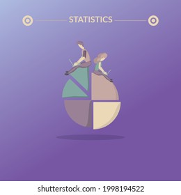 Statistics Icon. Men And Women Working On Top Of Pie Chart. Business Presentation Template. Info Graphics Vector Illustration. Eps 10