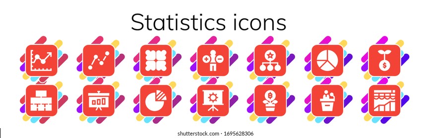 statistics icon set. 14 filled statistics icons. Included Line chart, Flow chart, Stats, Graphic, Reduce, Pie graph, Analytics, Presentation, Diagram, Growth, Pie chart icons