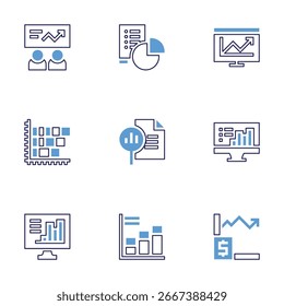Statistics icon set. Bold line style. Duotone colors. Editable stroke. bar chart, report, pie chart, profit, statistics, presentation, computer, training.