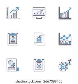 Statistics icon set. Bold line style. Duotone colors. Editable stroke. statistics, research, line graph, bar chart, growing, graph, computer, report, pie chart.