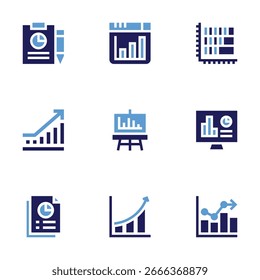 Conjunto de ícones de estatísticas. Estilo negrito. Cores duotônicas. estatísticas, gráfico, gráfico de barras, análise, crescimento, relatório.