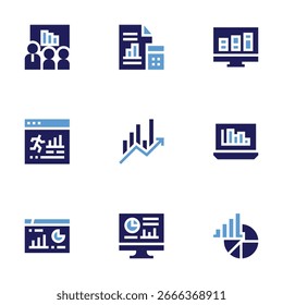 Conjunto de ícones de estatísticas. Estilo negrito. Cores duotônicas. estatística, análise, lucros, gráfico de pizza, análise.
