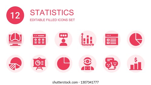 statistics icon set. Collection of 12 filled statistics icons included Artificial intelligence, Rate, Chart, Analytics, Pie chart, Presentation