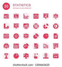 statistics icon set. Collection of 30 filled statistics icons included Analytics, Presentation, Chart, Graph, Diagram, Pie chart, Rate, Artificial intelligence, Analysis