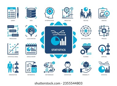 Statistics icon set. Data Collection, Annual Report, Prediction, Process, Methodology, Filtering, Probability, Cloud Analysis. Duotone color solid icons