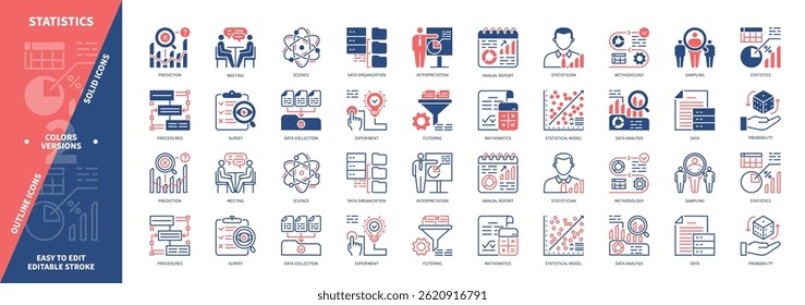 Conjunto de ícones de estatísticas. Recolha De Dados, Relatório Anual, Previsão, Experiência, Metodologia, Filtragem, Probabilidade, Amostragem. Ícones de contorno sólido e editável de cor duotônica