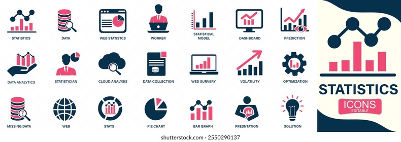 Datos del conjunto de iconos de estadísticas, estadísticas de Web, Encuesta, predicción, presentación, análisis de nube Puede cambiar fácilmente el color