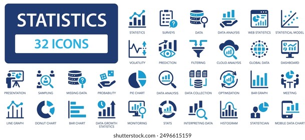 Statistics icon set. Demonstrate information using graphs and charts. Data, prediction, survey, prediction, pie chart, presentation, cloud analysis.