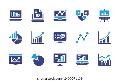 Statistics icon set. Duotone color. Vector illustration. Containing statistics, report, polling, pie chart, chart, line graph, stats, presentation, computer, analysis.
