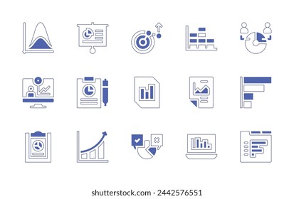 Statistics icon set. Duotone style line stroke and bold. Vector illustration. Containing chart, statistics, bar chart, polling, research, clipboard, videocall, growing, presentation.