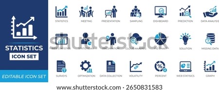 Statistics icon set featuring charts, chart, diagram, editable, graph, increase, info, management, marketing, meeting, optimization, planning, and metrics for business, and analytics projects.