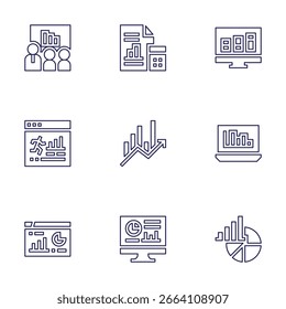 Conjunto de iconos de estadísticas. Estilo de línea. Trazo editable. estadísticas, análisis, ganancias, gráfico circular, análisis.