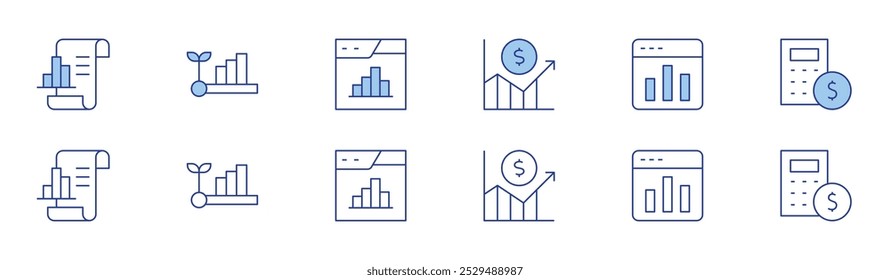 Statistics icon set in two styles, Duotone and Thin Line style. Editable stroke. grow, bar chart, calculator, analytics, development, statistics.