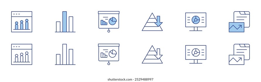 Statistics icon set in two styles, Duotone and Thin Line style. Editable stroke. maslow pyramid, analytics, bar chart, chart.