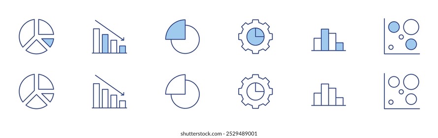 Icono de estadísticas establecido en dos estilos, Duotone y estilo de línea delgada. Trazo editable. engranaje, gráfico, gráfico, calor, pérdida, gráfico circular.