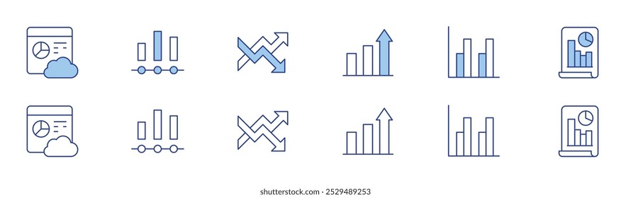 Icono de estadísticas establecido en dos estilos, Duotone y estilo de línea delgada. Trazo editable. análisis, gráfico de barras, gráfico, archivo.