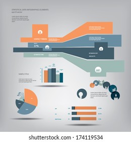 Statistics icons and charts set in flat design suitable for infographics, presentations, etc. Eps10 vector illustration.