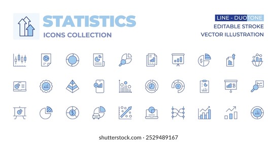 Coleção de ícones de estatísticas. Linha Duotone estilo, traço editável. gráfico de pizza, relação, estatísticas, regressão, gráfico de pirâmide, acionista, smartphone, apresentação, programa.