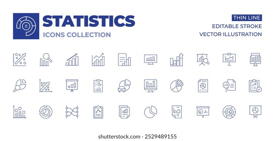 Statistics icons collection. Thin Line icons, editable stroke. presentation, report, reporting, statistics, pie chart, pie graphic, regression, relation.