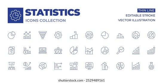 Coleção de ícones de estatísticas. Ícones de linha fina, traço editável. gráfico, crescimento, lupa, gráfico de pizza, laptop, níveis, gráfico de linha, gráfico de linha, estatísticas, arquivos, investimento, estatísticas.