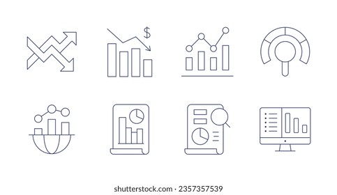 Statistics icons. Editable stroke. Containing chart, chart down, economy, file, research, statistics.