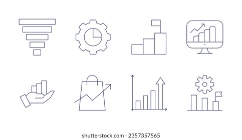 Statistics icons. Editable stroke. Containing funnel, gear, goal, graph, growth.